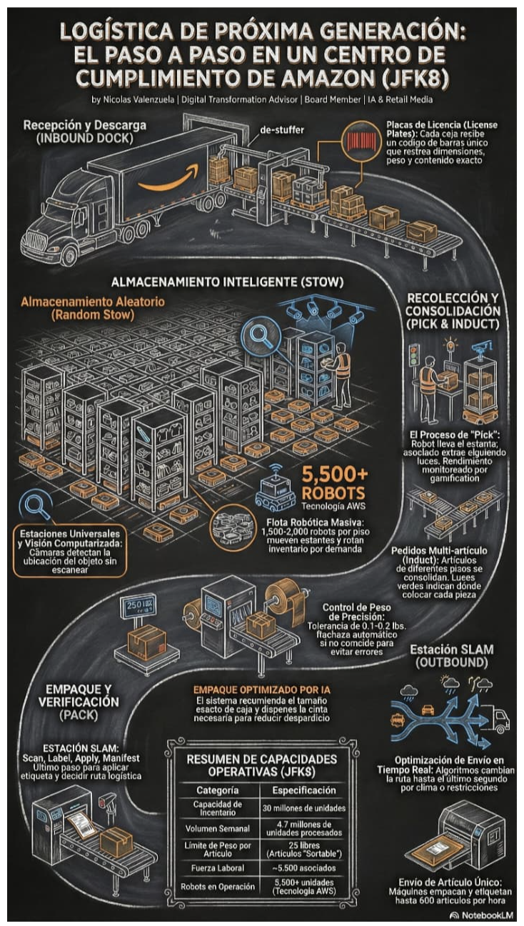 La infografía (de Nicolás Valenzuela) muestra lo que la foto no dice: la arquitectura de micro-decisiones que sostiene el rendimiento. Desde el inbound con “license plates” (identidad única por caja para rastrear peso, dimensiones y contenido) hasta el almacenamiento aleatorio (random stow) y la visión computarizada que reduce la fricción. 