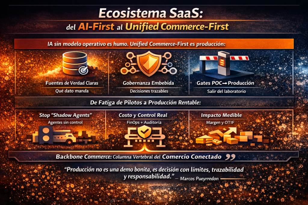 Ecommerce SaaS como estrategia AI-First real: fuentes de verdad, gobernanza embebida y gates para pasar de POC a producción.